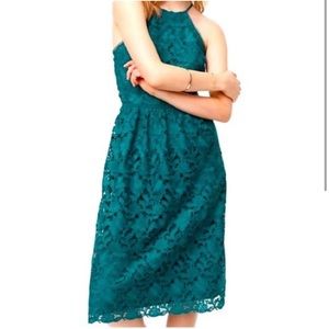 LOFT Emerald Green Tea Length Dress with Lace overlay